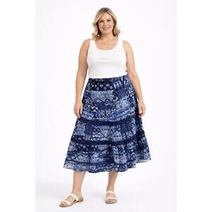 Notations Womens Blue Boho Tiered Skirt Plus Size 2X Elastic Waist